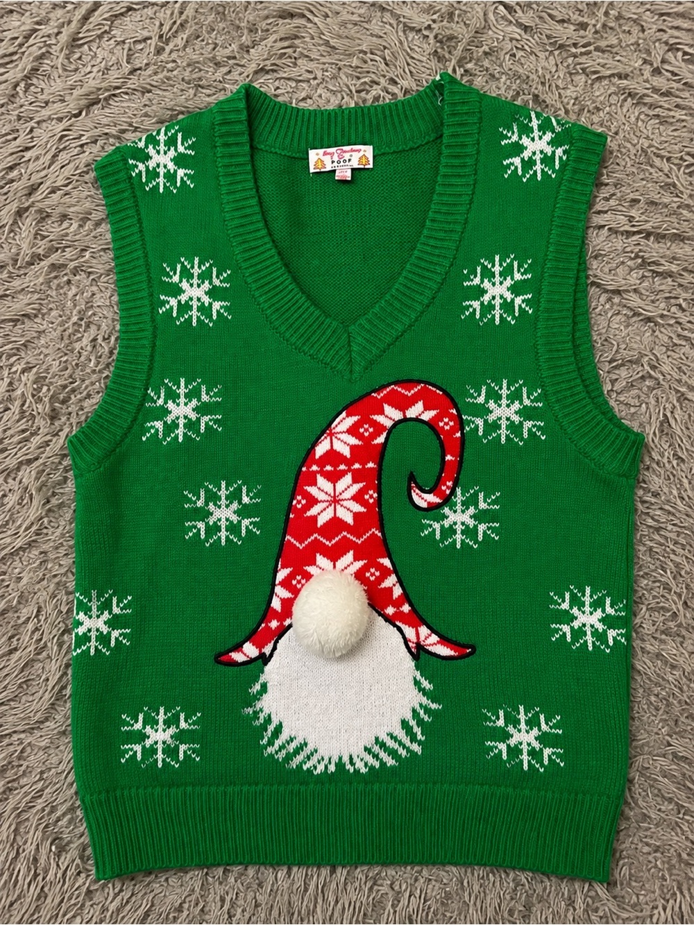 POOF New York Christmas Gnome Sweater Vest – Green Snowflake – Women’s S